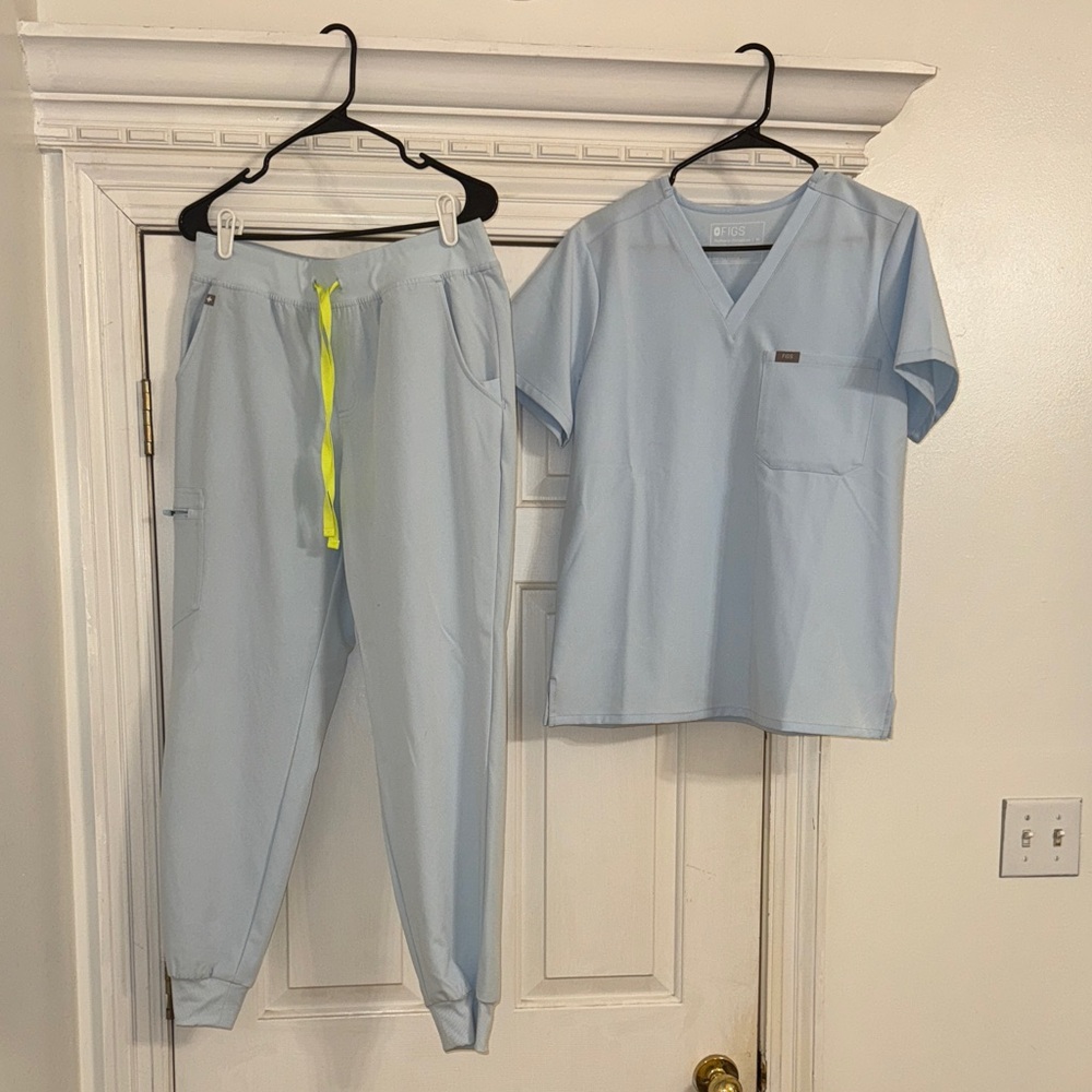 Figs Light Blue Pajama Set with Neon Accents